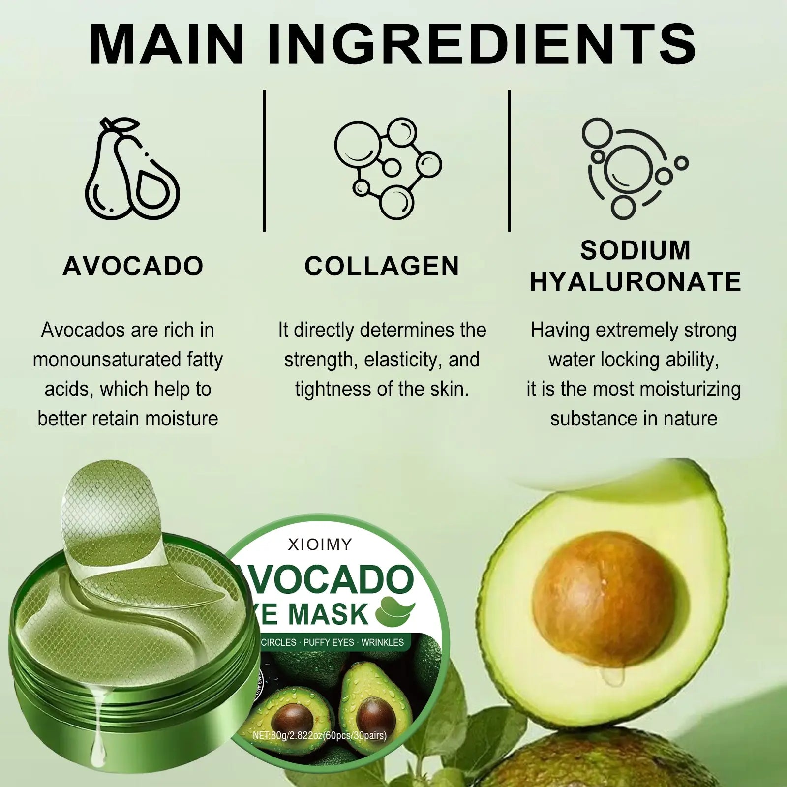 60 Pcs Avocado Collagen Eye Masks, Smoothing, Soothing and Hydrating under Eye Gel Patches, Reduce Dark Circles and Puffiness, Deep Moisturizing Eye Care for All Skin Types